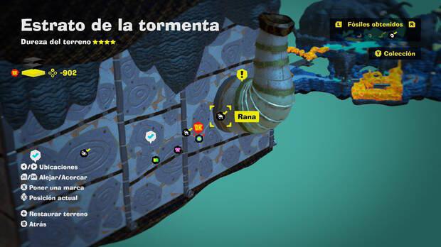 Donkey Kong Bananza - Localización en el mapa del fósil Rana 33 en Estrato de la tormenta