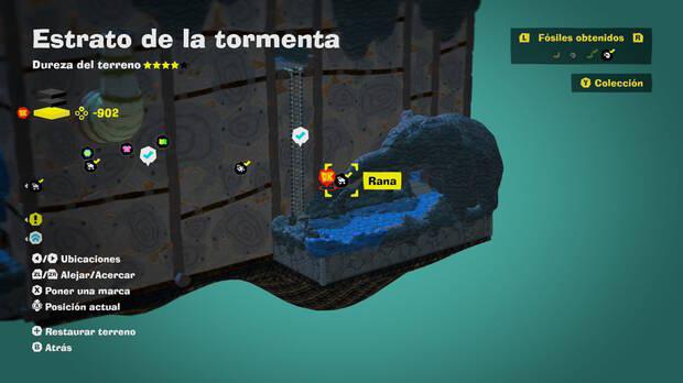 Donkey Kong Bananza - Localización en el mapa del fósil Rana 34 en Estrato de la tormenta
