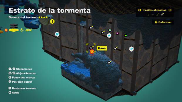 Donkey Kong Bananza - Localización en el mapa del fósil Rana 35 en Estrato de la tormenta