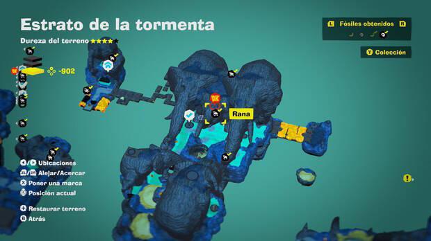 Donkey Kong Bananza - Localización en el mapa del fósil Rana 48 en Estrato de la tormenta