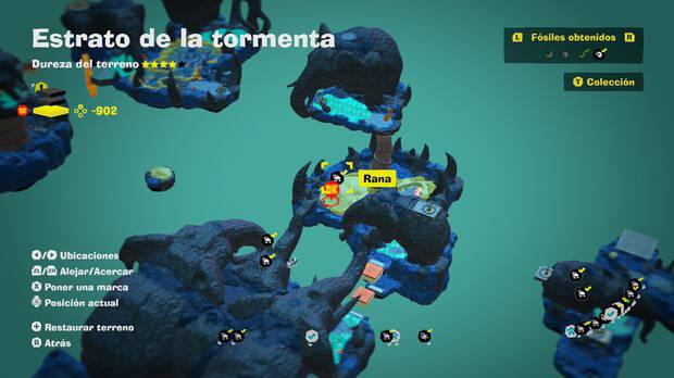 Donkey Kong Bananza - Localización en el mapa del fósil Rana 49 en Estrato de la tormenta