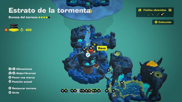 Donkey Kong Bananza - Localización en el mapa del fósil Rana 55 y 56 en Estrato de la tormenta