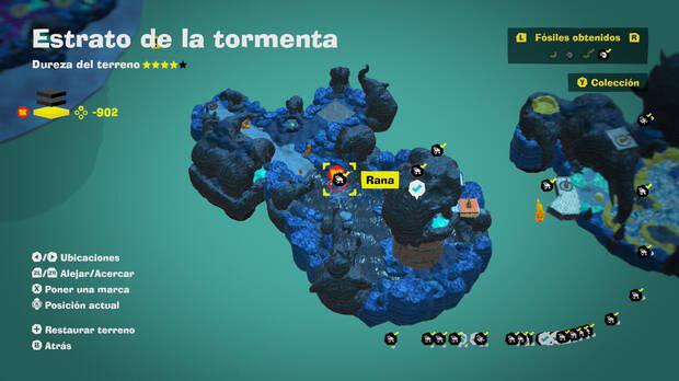 Donkey Kong Bananza - Localización en el mapa del fósil Rana 57 en Estrato de la tormenta