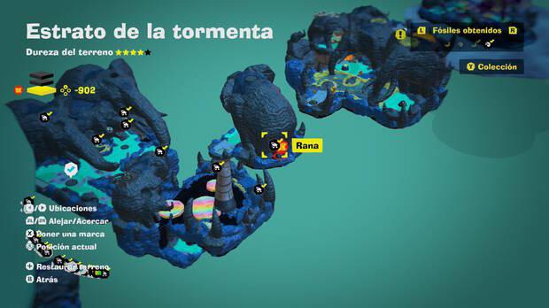 Donkey Kong Bananza - Localización en el mapa del fósil Rana 52 en Estrato de la tormenta
