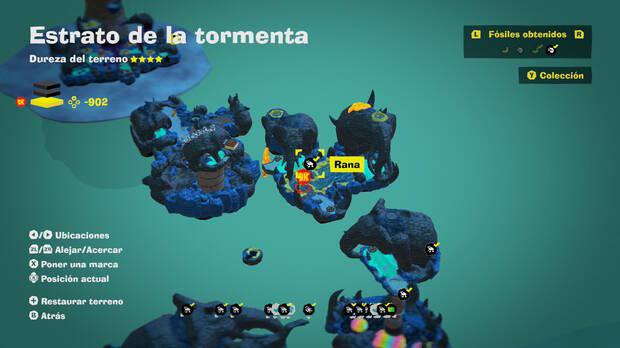 Donkey Kong Bananza - Localización en el mapa del fósil Rana 53 en Estrato de la tormenta