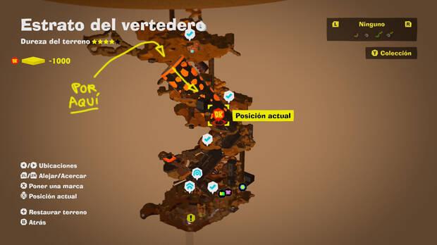 Donkey Kong Bananza - Ubicación en el mapa del Estrato del vertedero de la entrada al nivel extra A aplastar por el oro 2