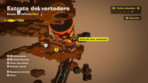 Donkey Kong Bananza - Localización en el mapa del fósil Lirio de mar (variante) 06 en Estrato del vertedero