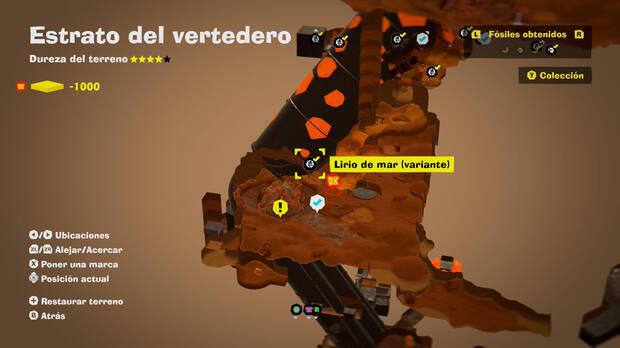 Donkey Kong Bananza - Localización en el mapa del fósil Lirio de mar (variante) 08 en Estrato del vertedero