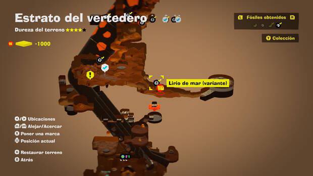 Donkey Kong Bananza - Localización en el mapa del fósil Lirio de mar (variante) 09 en Estrato del vertedero