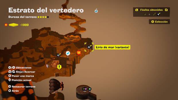 Donkey Kong Bananza - Localización en el mapa del fósil Lirio de mar (variante) 02 en Estrato del vertedero