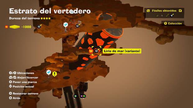 Donkey Kong Bananza - Localización en el mapa del fósil Lirio de mar (variante) 04 en Estrato del vertedero
