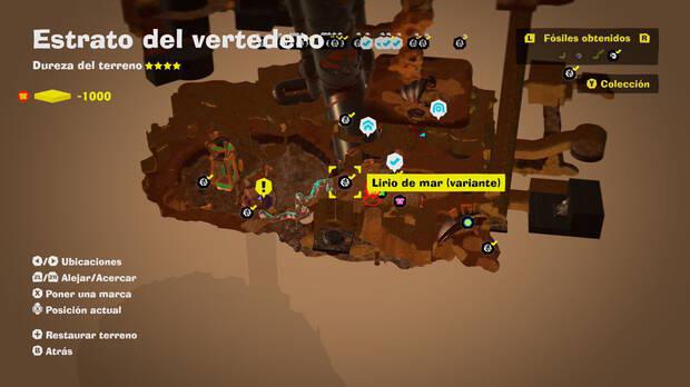 Donkey Kong Bananza - Localización en el mapa del fósil Lirio de mar (variante) 26 en Estrato del vertedero
