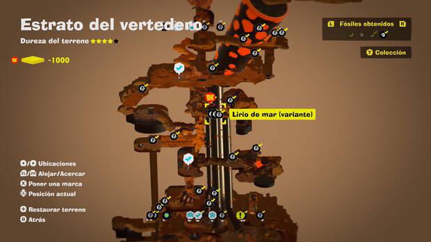 Donkey Kong Bananza - Localización en el mapa del fósil Lirio de mar (variante) 28, 29 y 30 en Estrato del vertedero