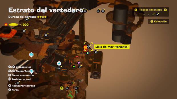Donkey Kong Bananza - Localización en el mapa del fósil Lirio de mar (variante) 22 en Estrato del vertedero