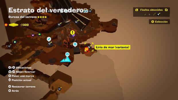 Donkey Kong Bananza - Localización en el mapa del fósil Lirio de mar (variante) 24 en Estrato del vertedero