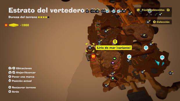 Donkey Kong Bananza - Localización en el mapa del fósil Lirio de mar (variante) 25 en Estrato del vertedero