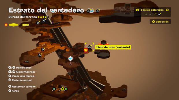 Donkey Kong Bananza - Localización en el mapa del fósil Lirio de mar (variante) 15 en Estrato del vertedero