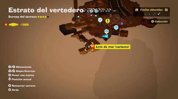 Donkey Kong Bananza - Localización en el mapa del fósil Lirio de mar (variante) 18 en Estrato del vertedero
