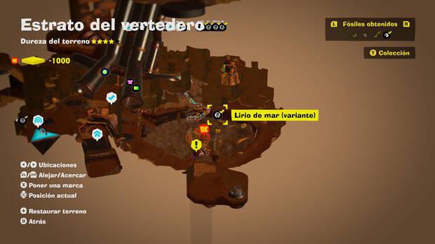 Donkey Kong Bananza - Localización en el mapa del fósil Lirio de mar (variante) 19 en Estrato del vertedero