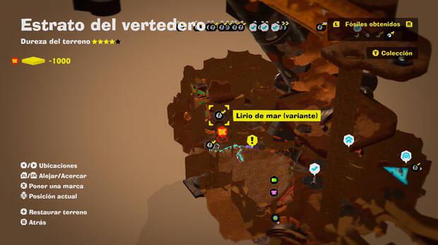 Donkey Kong Bananza - Localización en el mapa del fósil Lirio de mar (variante) 20 en Estrato del vertedero