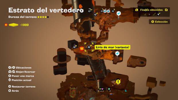 Donkey Kong Bananza - Localización en el mapa del fósil Lirio de mar (variante) 11 y 12 en Estrato del vertedero