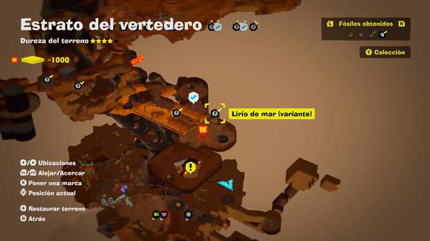 Donkey Kong Bananza - Localización en el mapa del fósil Lirio de mar (variante) 14 en Estrato del vertedero