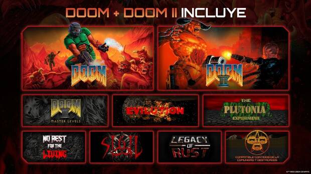 Imagen promocional de DOOM+DOOM II indicando todos los contenidos que incluye esta edición