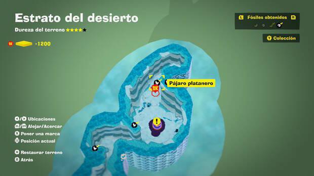Donkey Kong Bananza - Localización en el mapa del fósil Pájaro platanero 05 en Estrato del desierto