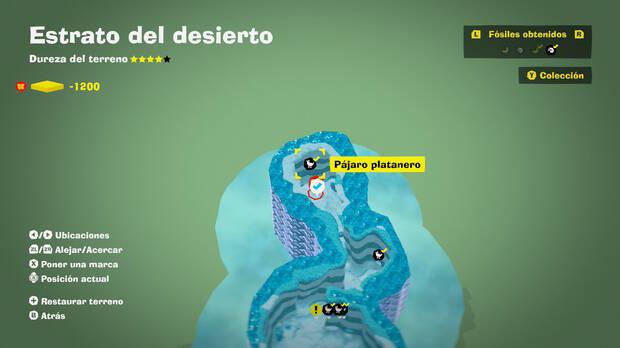 Donkey Kong Bananza - Localización en el mapa del fósil Pájaro platanero 01 en Estrato del desierto