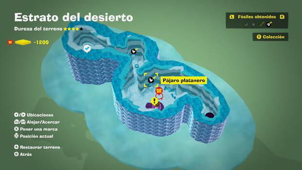 Donkey Kong Bananza - Localización en el mapa del fósil Pájaro platanero 03 en Estrato del desierto