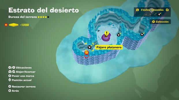 Donkey Kong Bananza - Localización en el mapa del fósil Pájaro platanero 04 en Estrato del desierto