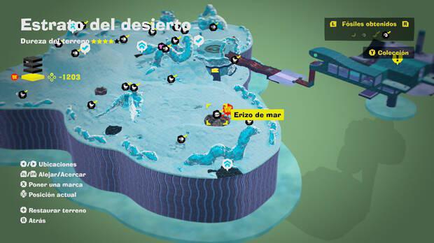 Donkey Kong Bananza - Localización en el mapa del fósil erizo de mar en Estrato del desierto