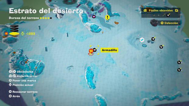 Donkey Kong Bananza - Localización en el mapa del fósil armadillo 05 en Estrato del desierto