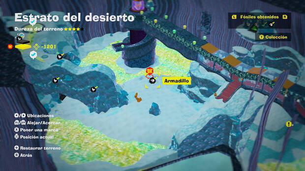 Donkey Kong Bananza - Localización en el mapa del fósil armadillo 01 en Estrato del desierto