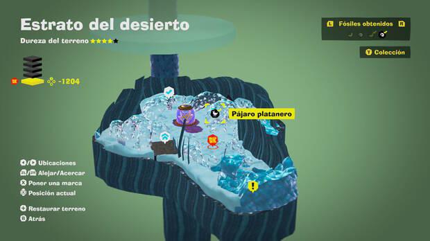 Donkey Kong Bananza - Localización en el mapa del fósil Pájaro platanero 60 en Estrato del desierto