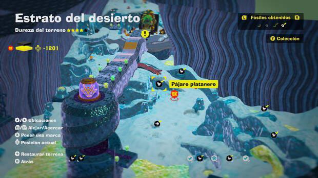 Donkey Kong Bananza - Localización en el mapa del fósil Pájaro platanero 12 y 13 en Estrato del desierto