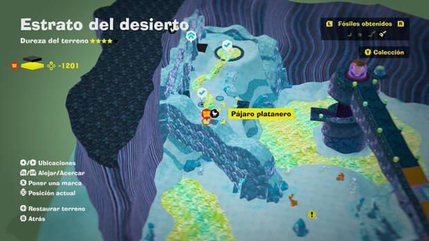 Donkey Kong Bananza - Localización en el mapa del fósil Pájaro platanero 07 en Estrato del desierto