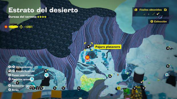 Donkey Kong Bananza - Localización en el mapa del fósil Pájaro platanero 21 en Estrato del desierto
