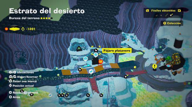 Donkey Kong Bananza - Localización en el mapa del fósil Pájaro platanero 16 en Estrato del desierto