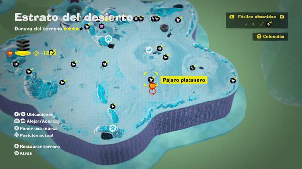 Donkey Kong Bananza - Localización en el mapa del fósil Pájaro platanero 36 en Estrato del desierto