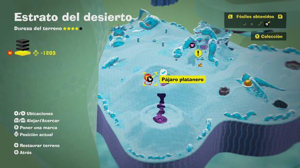 Donkey Kong Bananza - Localización en el mapa del fósil Pájaro platanero 37 en Estrato del desierto