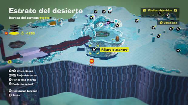 Donkey Kong Bananza - Localización en el mapa del fósil Pájaro platanero 46 en Estrato del desierto