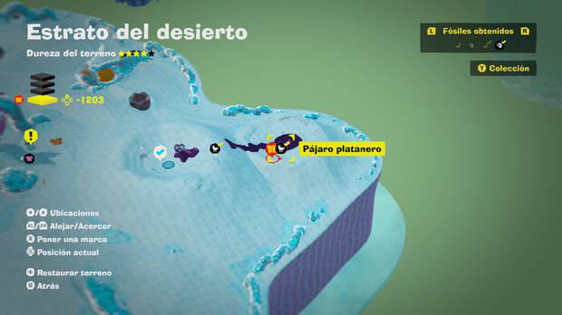 Donkey Kong Bananza - Localización en el mapa del fósil Pájaro platanero 38 en Estrato del desierto