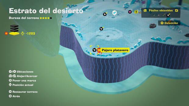 Donkey Kong Bananza - Localización en el mapa del fósil Pájaro platanero 39 en Estrato del desierto