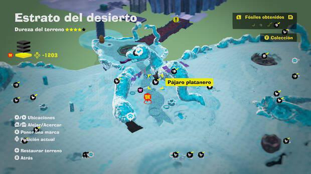Donkey Kong Bananza - Localización en el mapa del fósil Pájaro platanero 52 en Estrato del desierto