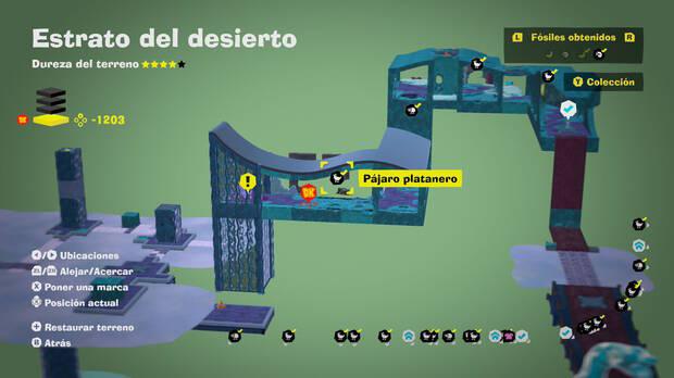 Donkey Kong Bananza - Localización en el mapa del fósil Pájaro platanero 55 en Estrato del desierto