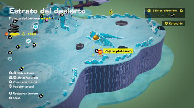 Donkey Kong Bananza - Localización en el mapa del fósil Pájaro platanero 47 en Estrato del desierto