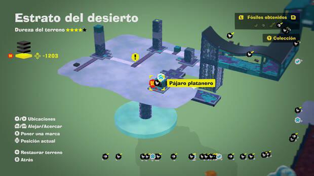 Donkey Kong Bananza - Localización en el mapa del fósil Pájaro platanero 57 en Estrato del desierto