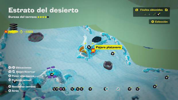 Donkey Kong Bananza - Localización en el mapa del fósil Pájaro platanero 48 en Estrato del desierto