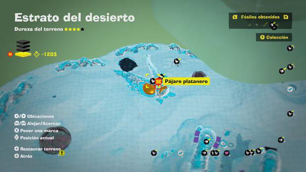 Donkey Kong Bananza - Localización en el mapa del fósil Pájaro platanero 49 en Estrato del desierto